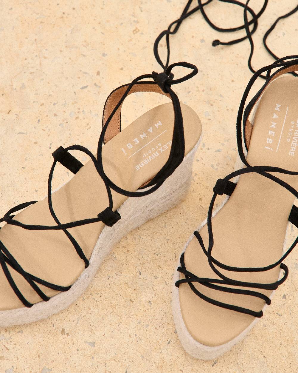 Manebí Portofino Soft Suede|Wedge Espadrilles - Lace-Up Black In Vendita