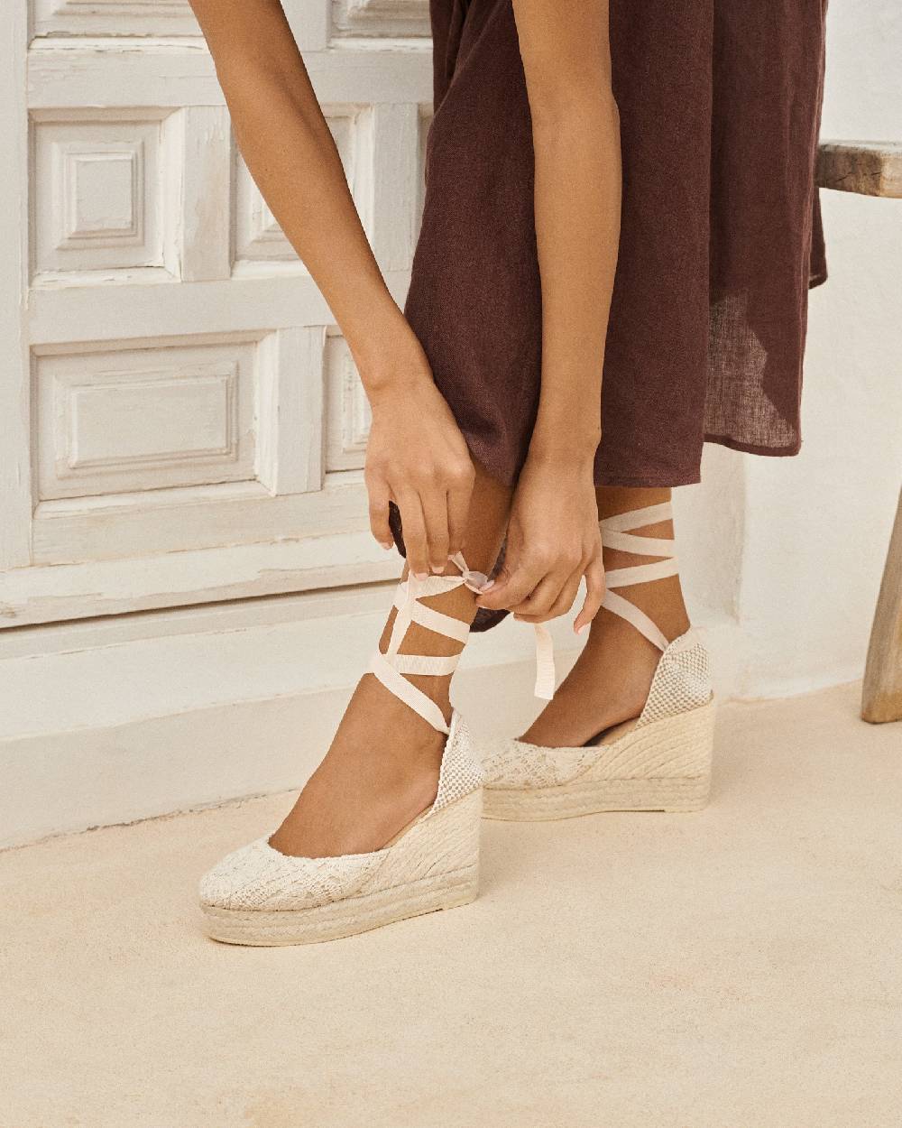 Manebí Cotton Crochet|Wedge Espadrilles - Natural Vendita Economica