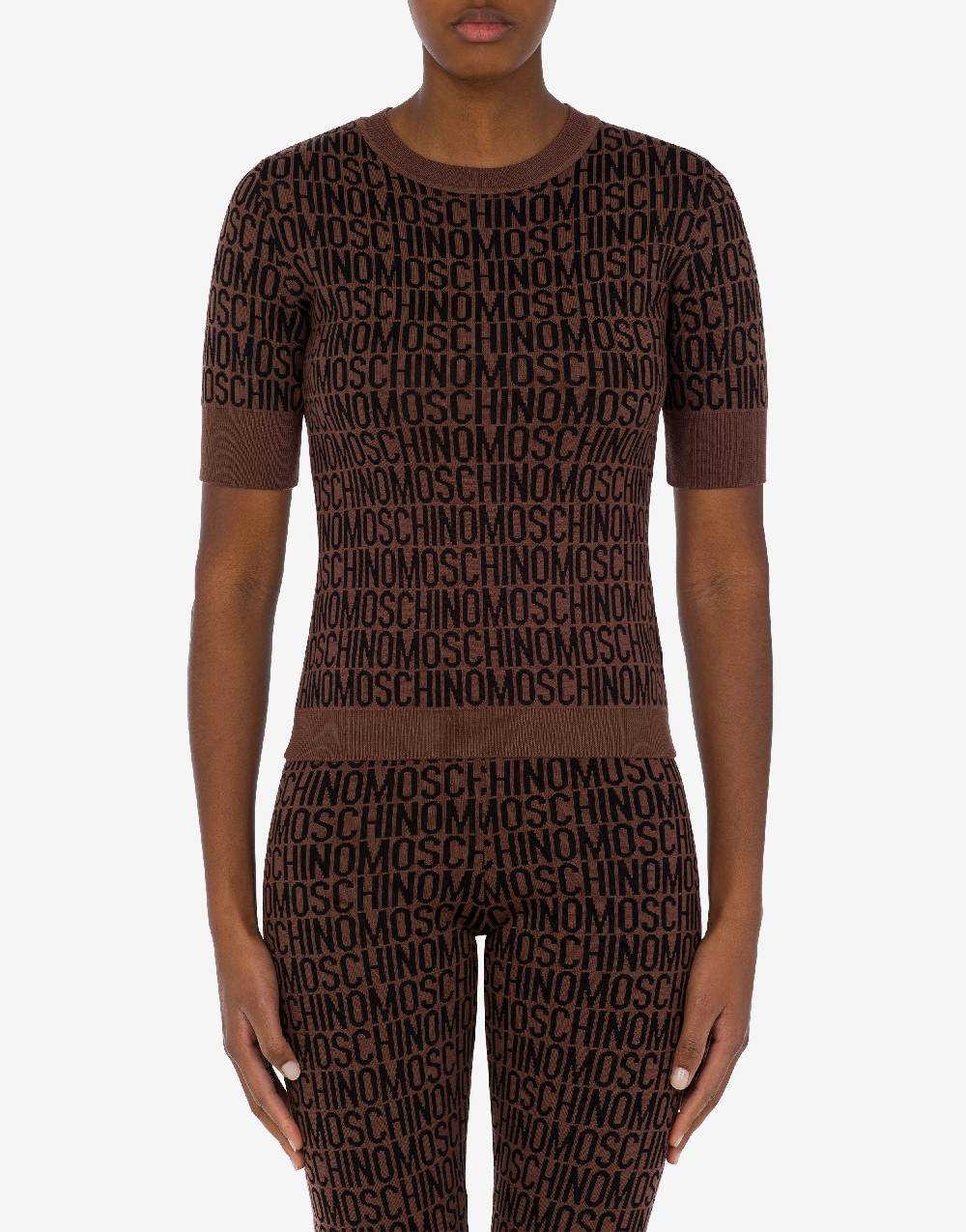 Love Moschino Top in lana Allover Logo Vendite Flash