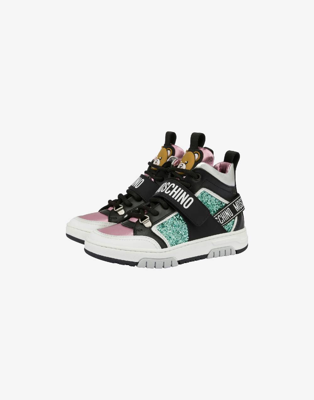 Love Moschino Sneakers alte in vitello e glitter Teddy Patch Vendita Economica