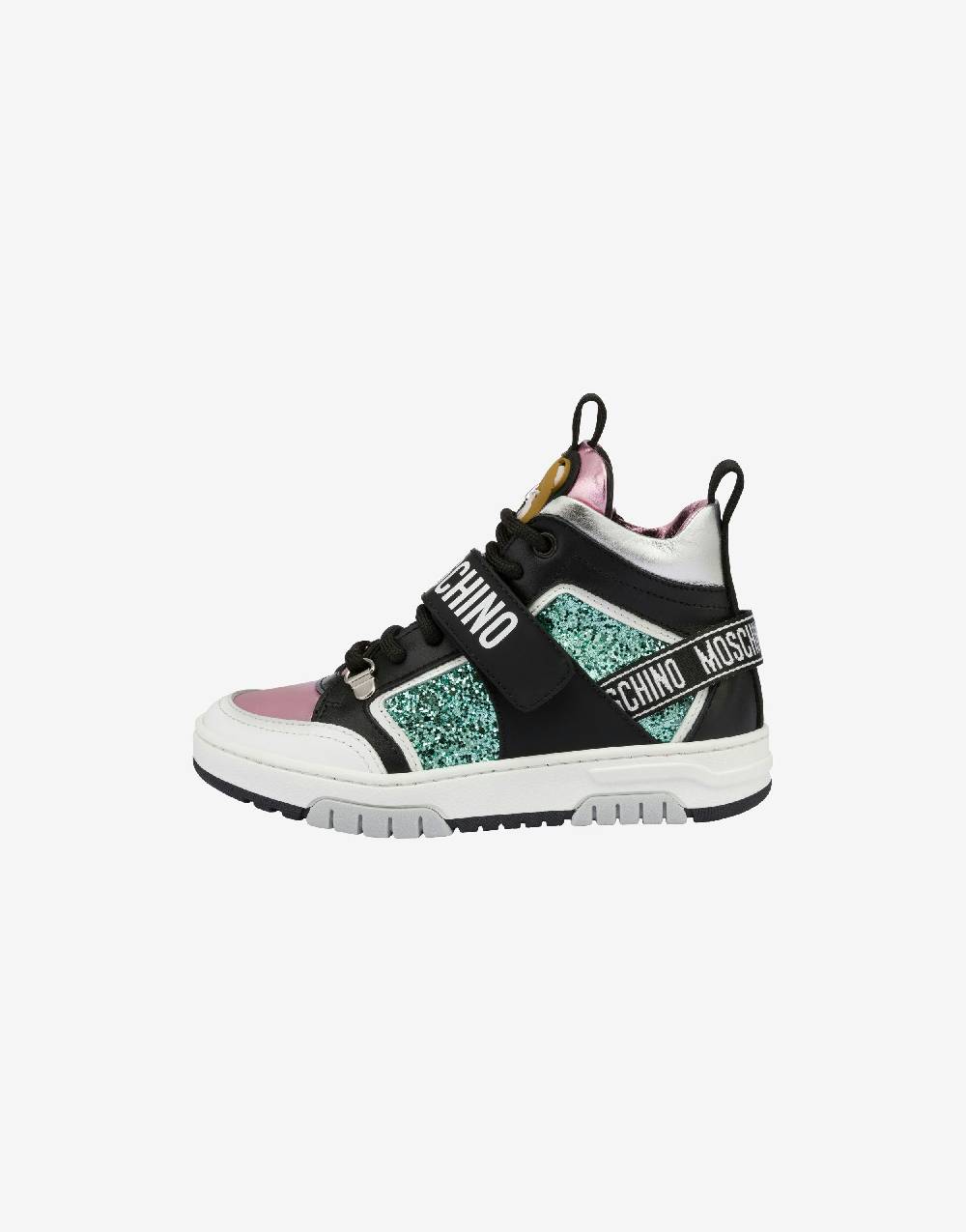 Love Moschino Sneakers alte in vitello e glitter Teddy Patch Vendita Economica