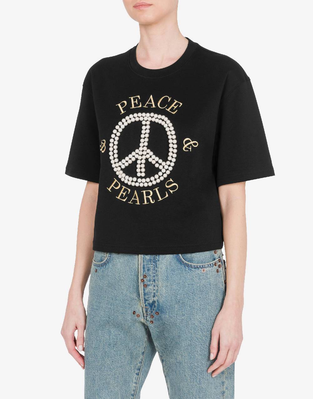 Love Moschino T-shirt in interlock di cotone Peace & Pearls Promozione Limitata