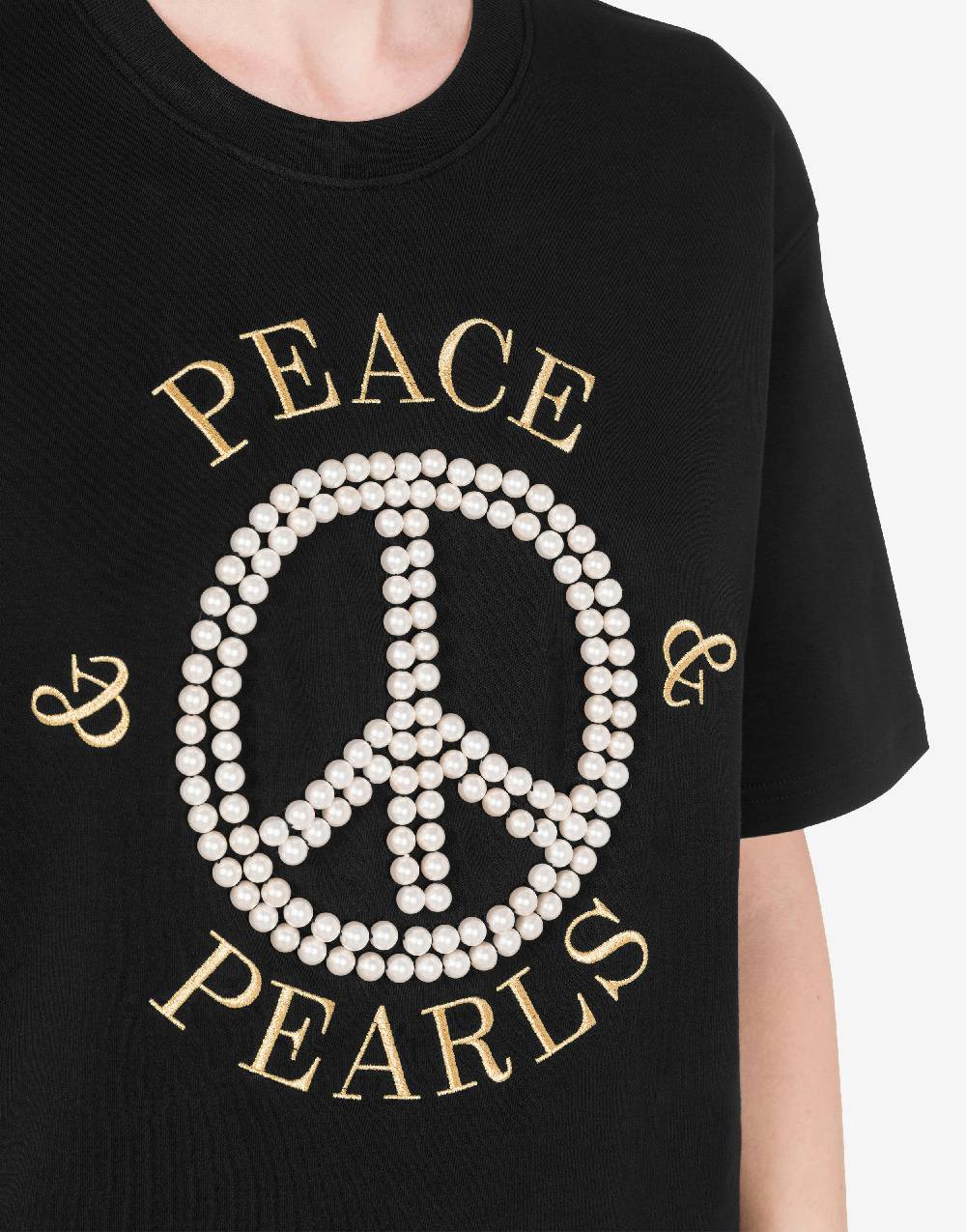 Love Moschino T-shirt in interlock di cotone Peace & Pearls Promozione Limitata