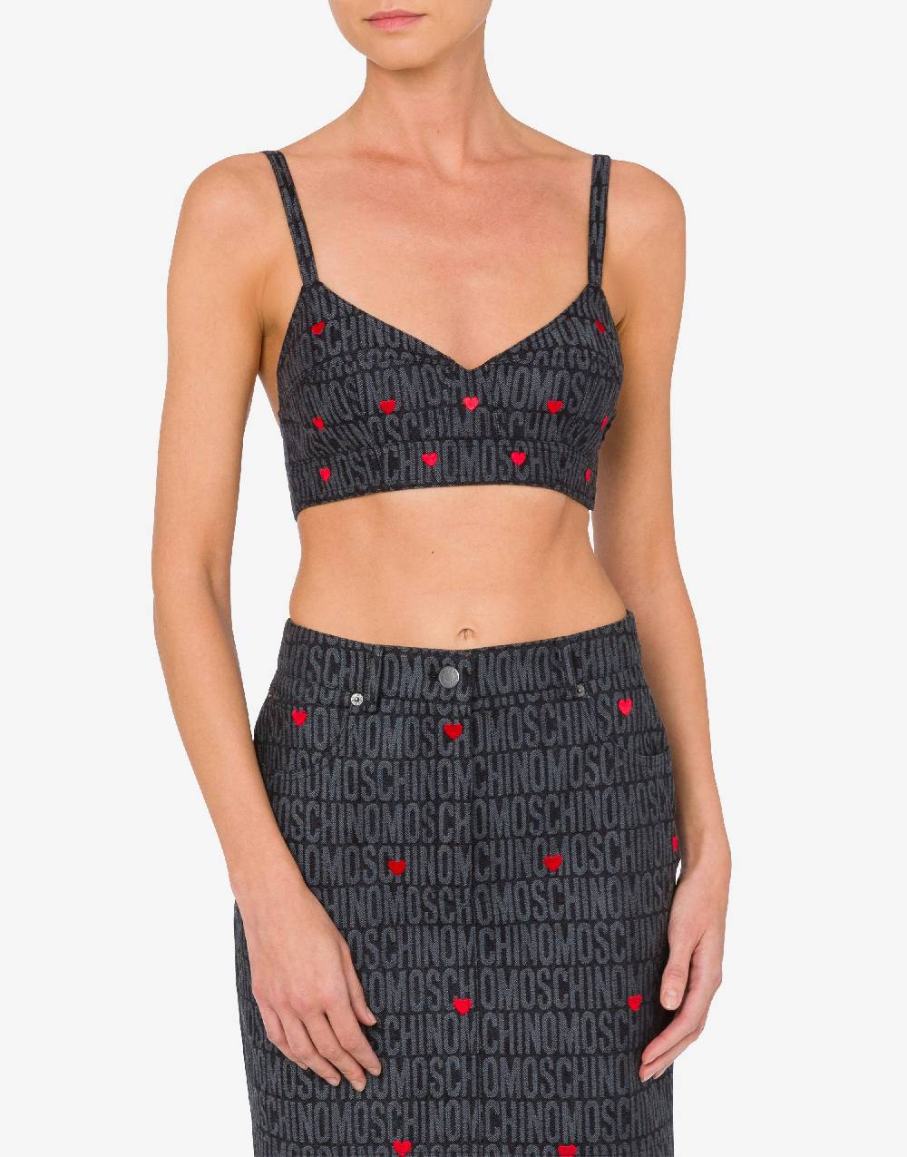 Love Moschino Crop top in denim con cuori Allover Logo Smaltimento dello stoccaggio