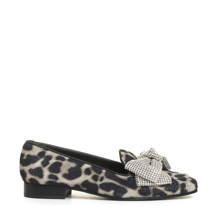 Sorelle Perego mocassino fiocco strass e stampa leopardo Pezzi Unici