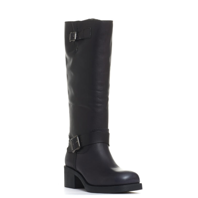 Sorelle Perego stivale biker tacco 40 mm fibbie nero Outlet