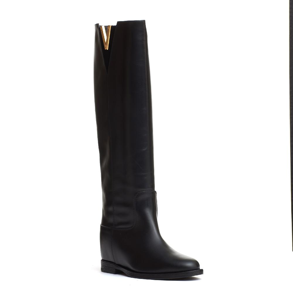 Sorelle Perego stivale pelle nera rialzo V oro e camoscio Moda