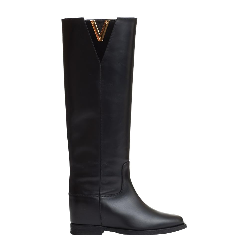 Sorelle Perego stivale pelle nera rialzo V oro e camoscio Moda
