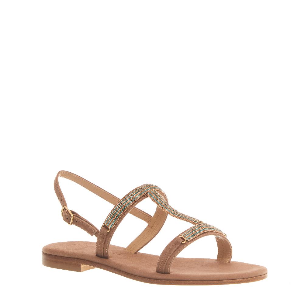 Sorelle Perego sandalo in camoscio beige con cristalli blu e rame 2025