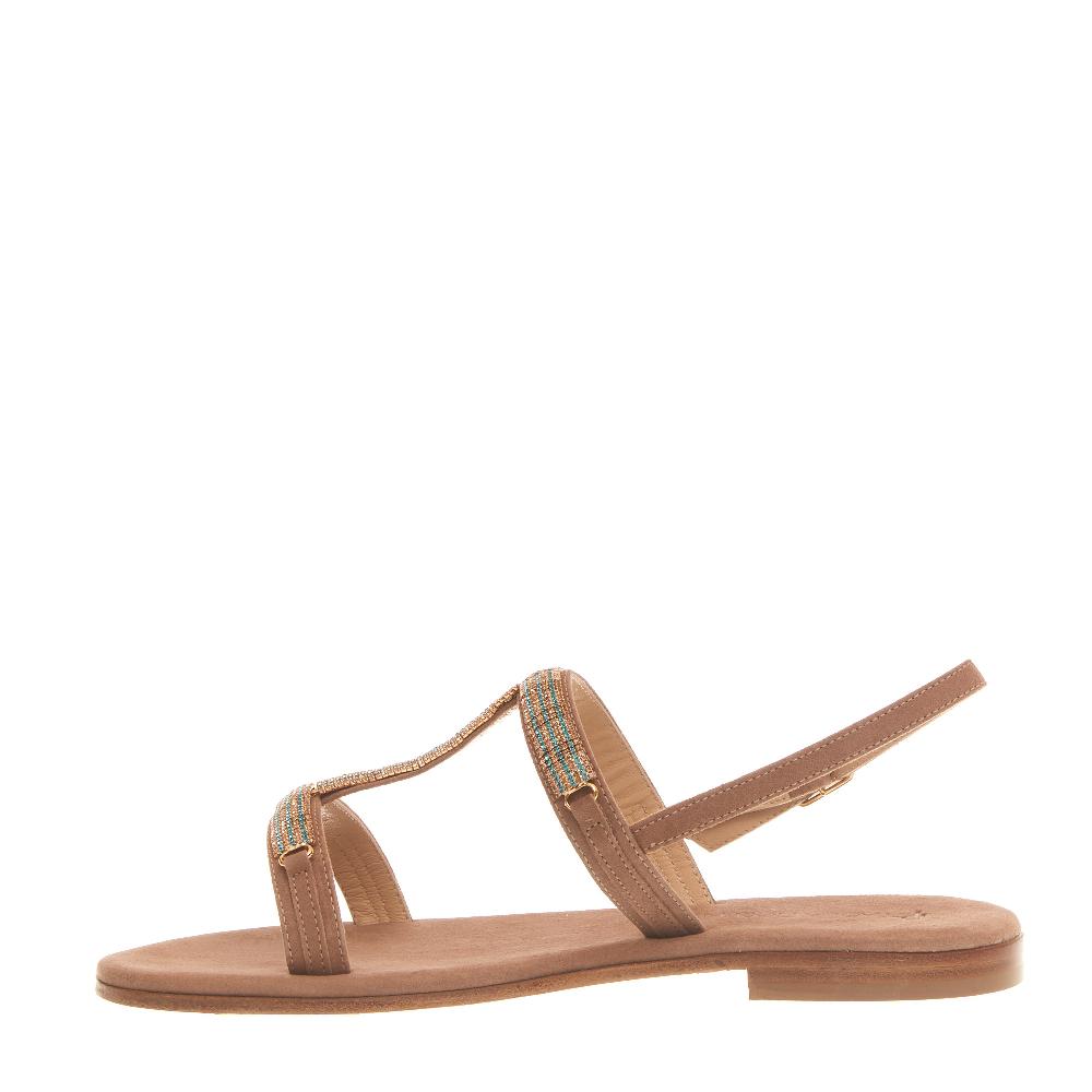 Sorelle Perego sandalo in camoscio beige con cristalli blu e rame 2025