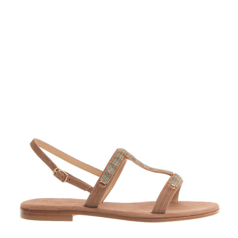 Sorelle Perego sandalo in camoscio beige con cristalli blu e rame 2025
